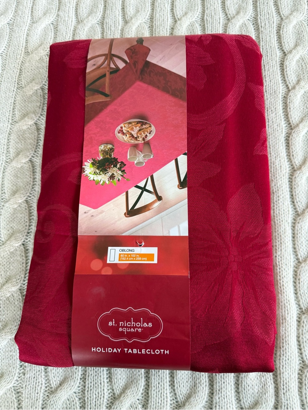 St. Nicholas Square Red Holiday Tablecloth with Woven Floral Damask